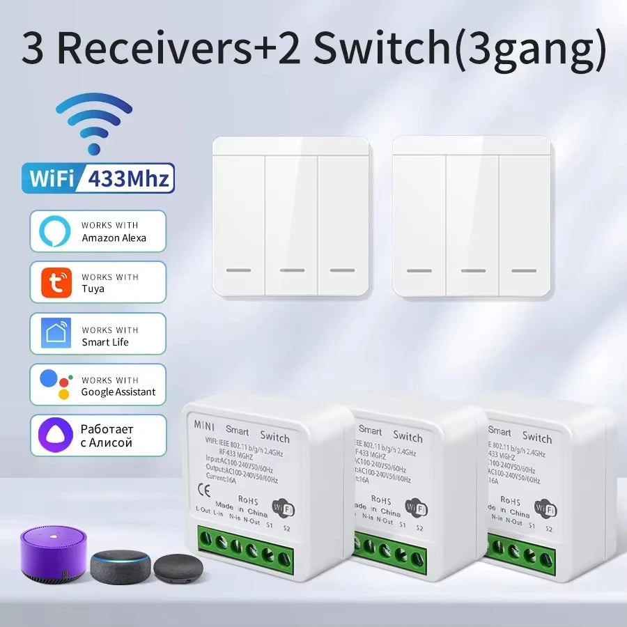 1/2/3Gang Wall Switch RF 433Mhz Wireless Light Switch Tuya Smart Wifi Switch Smart Life APP Voice Control with Alexa Google Home